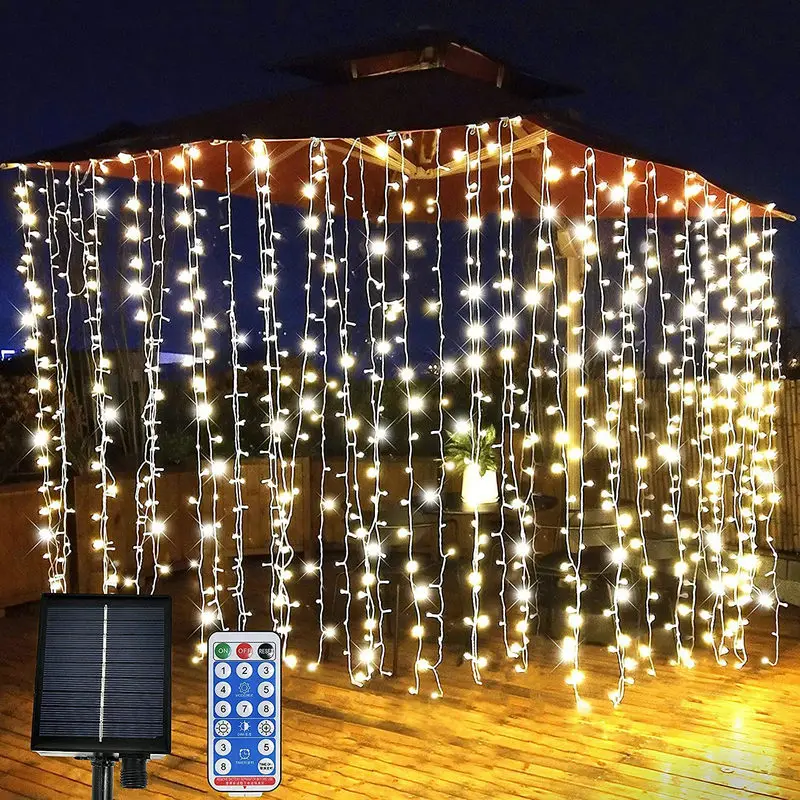 

Solar powered Curtain Light 300LEDs 8 Mode Remote Control Waterproof Waterfall Fairy String Lights Patio Garden Party Wedding