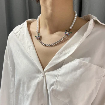 

New Hot Hiphop Butterfly Pendant Pearl Chain Necklace Insect Choker Chain Party Jewelry For Women Man Friendship Girl Gifts