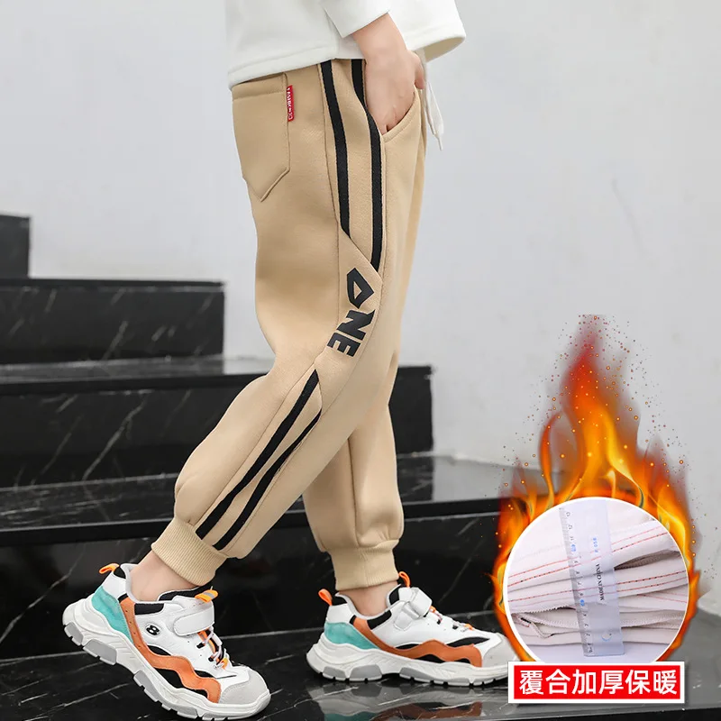 Khaki Спортивные штаны для больших детей плотные плюшевые штаны в полоску для мальчиков повседневные теплые штаны для девочек Новинка года, осенне-зимняя теплая Свободная верхняя одежда для мальчиков - Цвет: Khaki