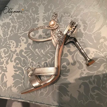 

OllyMurs New Fashion Silver Women Summer Sandals Open Toe Buckle Strap Crystal Pearls Thin High Heels Women Sandals Shoes Woman