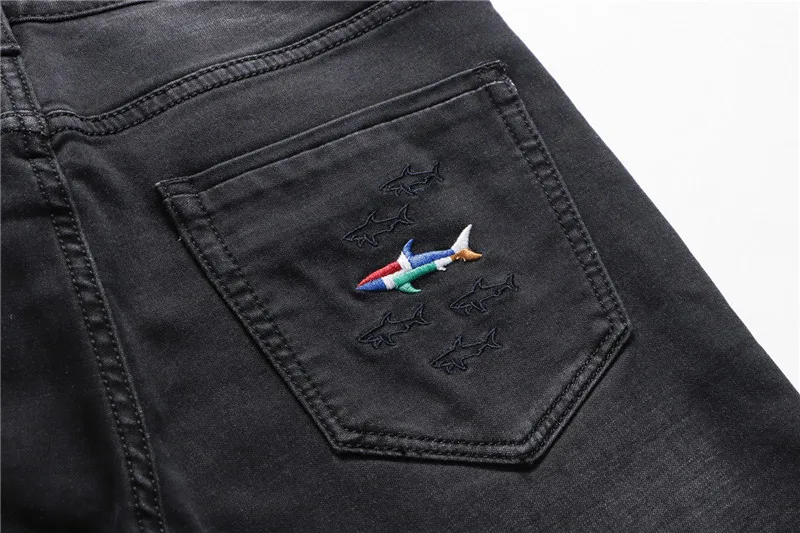 Business Casual Shark Denim Pants Straight Slim Jeans Fashion Mens Flag Embroidery Jeans Trousers Straight Full Length Casual