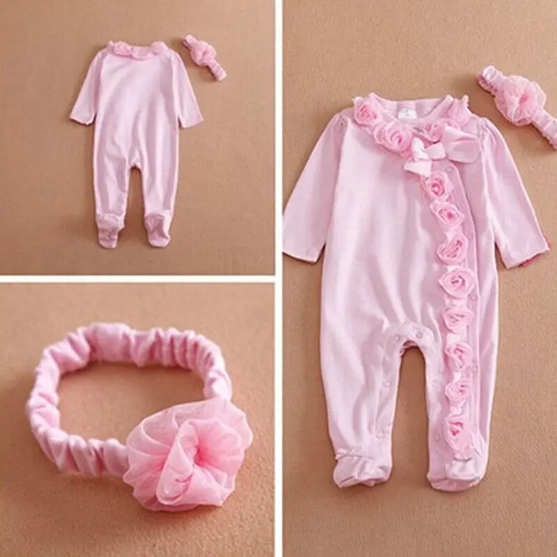 Emmababy Одежда для новорожденных девочек сплошной Цвет, на осень, с длинным рукавом, с цветочным принтом, Детский комбинезон с повязкой-бантом, комплект из 2 предметов, наряды одежда из хлопка