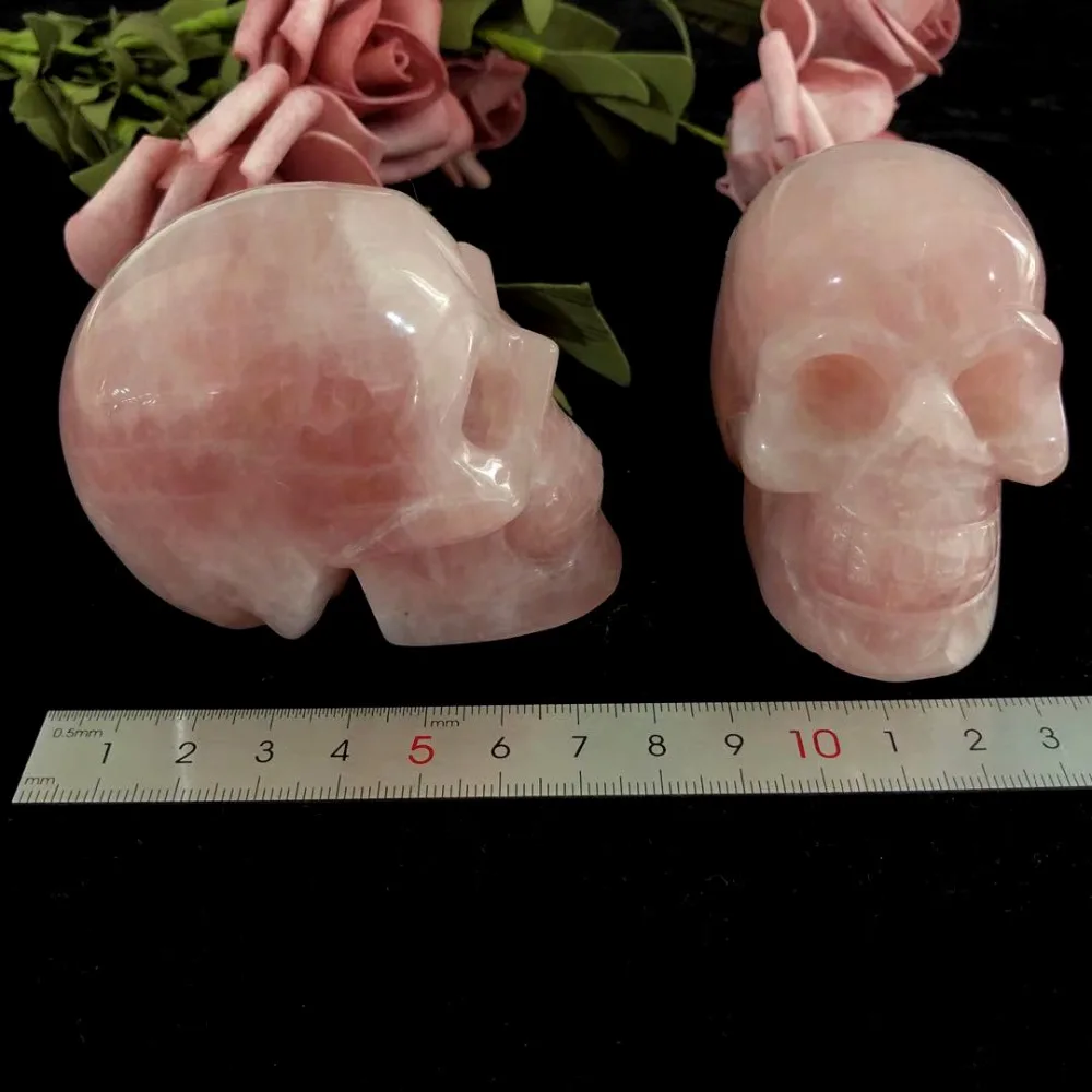 3inch Natural Rose quartz Skull Gemstone Figurine Refinement Crystal Statue Realistic Feng shui Healing Home Ornament DD