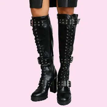 

2020 New Brand Women Long Boot Thick High Heeled Knight Boots Rivets Side Zipper Motorcycle Boots Big Size SLB004