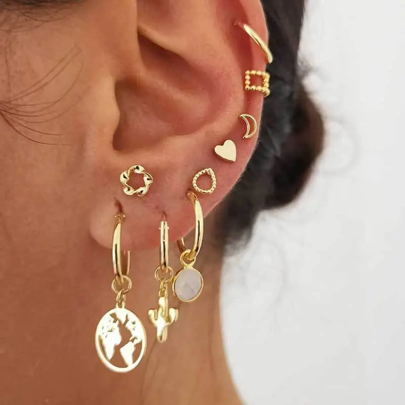 

Golden Bee Star Moon Sun Eye Small Stud Earrings Set Charm Women Fashion Jewelry Y4QB