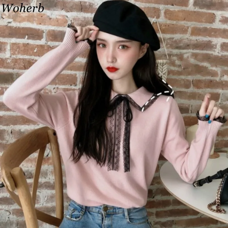 Woherb Pull Femme милые кружевные вязанные пуловеры в стиле пэчворк с отложным воротником и длинным рукавом, джемперы в Корейском стиле, модные топы на осень, новинка 91100