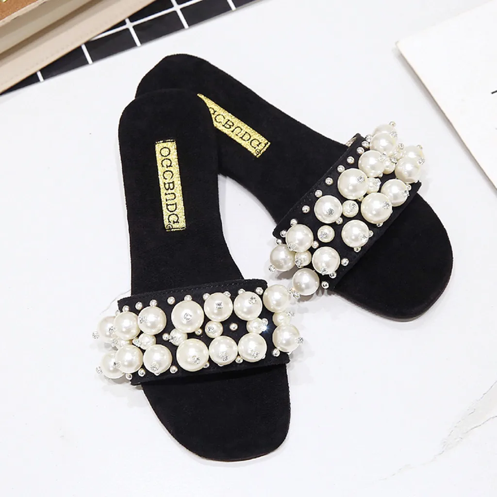 

2019 Women Slippers Low Heel Women Casual Slipper Slip On Mules Slides Pearl Round Toe Single Shoes Sandals Black Luxury Shoes