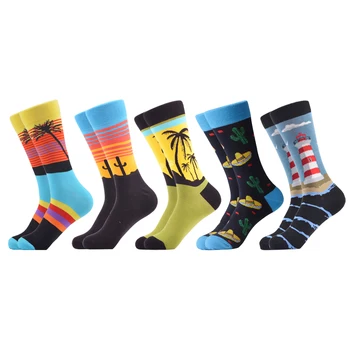 

SANZETTI 5 Pairs/New Men's Colorful Casual Combed Cotton Happy Crew Socks Fun Tropical Desert Style Pattern Party Camping Socks