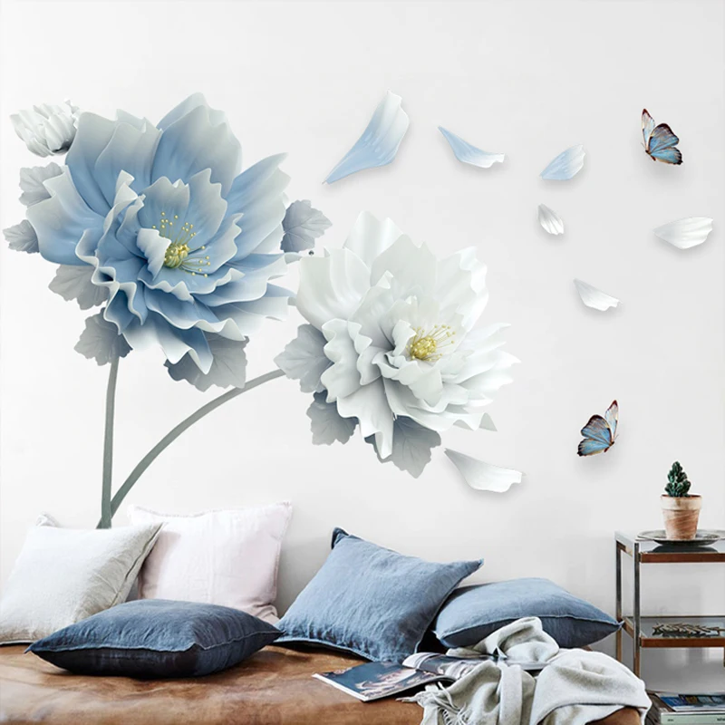 Large White Blue Flowers Lotus Butterfly Removable Wall Stickers 3D Wall Art Decals Mural Art for Living Room Bedroom Decor