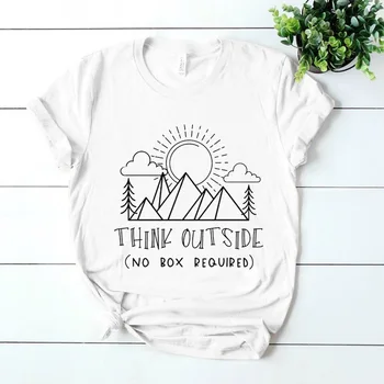 

Women Fashion Tumblr Hipster Outdoor Tshirt Think Outside No Box Required T-shirt Fancy Summer Graphic Landscape Camping Tee Top