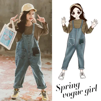 

Jeans Overalls Suits for Kids Teenage Girl Long Sleeve Striped Tops 2 pieces Fashion Casual Children Outfit