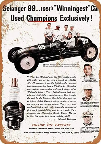 Nonbrand 12 x 16 Aluminum Metal Sign - Vintage Look 1952 Champion Spark Plugs and 1951 Indy Winner Car | Дом и сад
