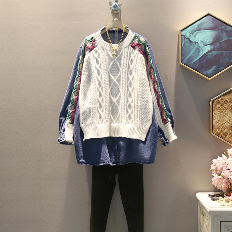 

[EWQ] 2020 Winter New Pattern Round Collar Long Sleeve Fake Two Piece Denim Patchwork Knitting Casual Sweater Women AH56705
