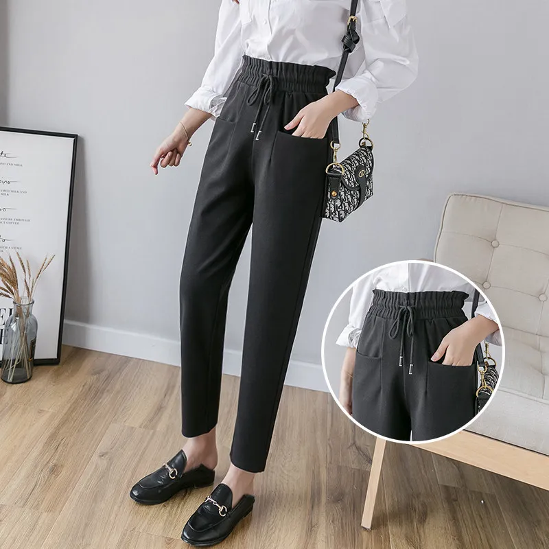 

2019 Autumn Women Woolen Pants Female Plus Size Casual Trousers High Waist Elastic Harem Pants Winter Wool Ankle-Length Pants