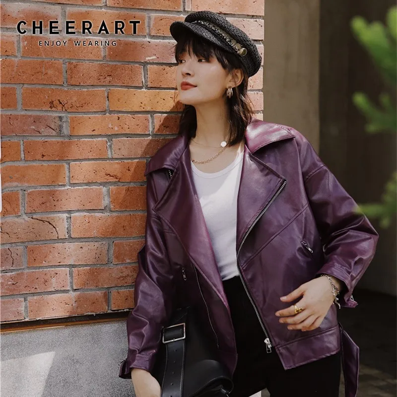 

CHEERART Purple Biker Jacket Faux Leather Coat Zipper Up Turn-Down Collar Loose Motorcycle Jacket Women Autumn Coat