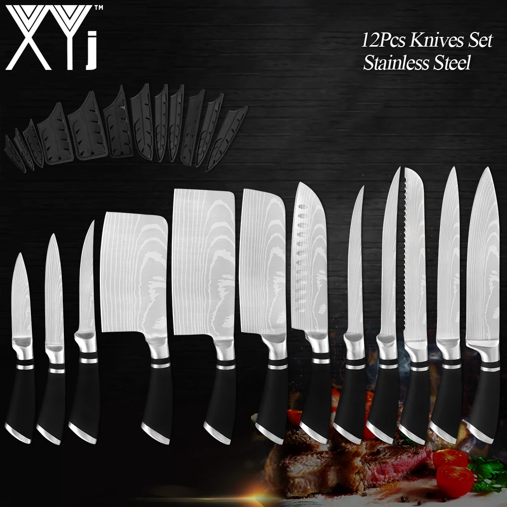 XYJ Knives,Professional Knife Sets for Master Chefs,12-pcs Chef Knife Set  with Bag,Meat Cleaver Butcher for Camping