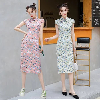 

Sexy Lady Cheongsam Vestidso Rayon Mandarin Collar Chinese Style Dress Elegant Print Flower Pink Qipao Prom Party Gown