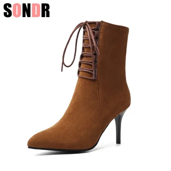 

New Punk Women Ankle Boots Lace Up Pointed Toe high heel Black Chelsea Boots Pumps 8CM shoes for women size 34-43