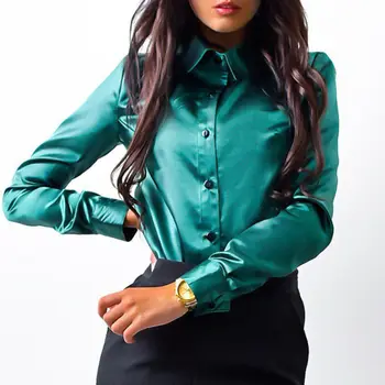 

Hirigin New Sexy Satin Womens tops and blouses Lapel Collar Three Quarter Sleeve Casual Blouse Office Work Ladies Shirt Hot