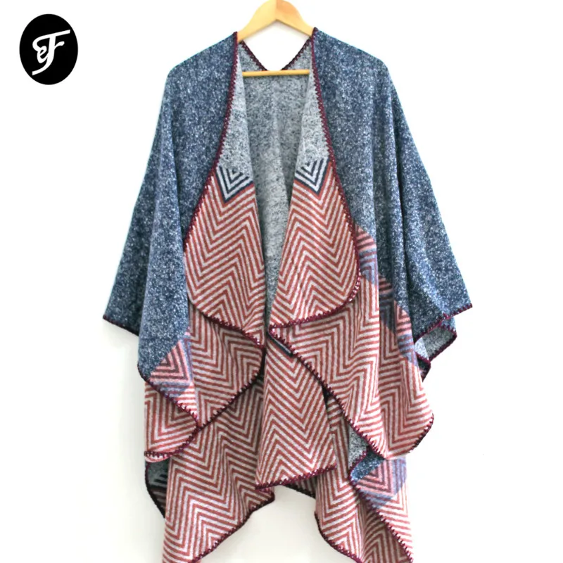 

2019 Winter New Shawl Scaves Women Stripe Pattern Shawl Wrap Open Front Poncho Cape Cardigan Coat Pashmina Ruana Female