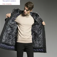 Зимняя куртка на гусином пуху, мужская шуба из натурального меха кролика, подкладка из меха лисы, воротник из длинного теплого меха, парки 18P9134-2