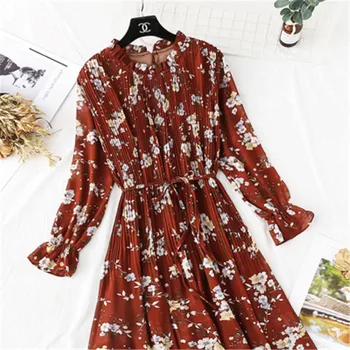 

Women Dress 2020 Spring Autumn Winter Floral Dress Femal Loose Hundred Pleated Mid-calf Chiffon Dress Long Sleeve Dresses 2-86