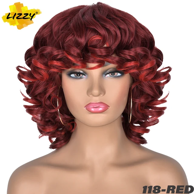 Short Hair Afro Curly Wig With Bangs Loose Synthetic Cosplay Fluffy Shoulder Length Natural Wigs For Black Women Dark Brown 14