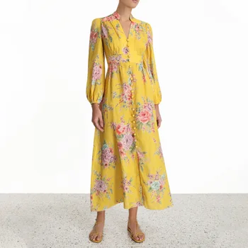 

New vogue of new fund of autumn printed retro v neck show thin waist cultivate morality dress dress female