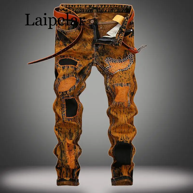 Seller Laipelar Mens Ripped Jeans Pants Light Blue Distressed Patch Jeans Fashion Designer Trousers With Holes