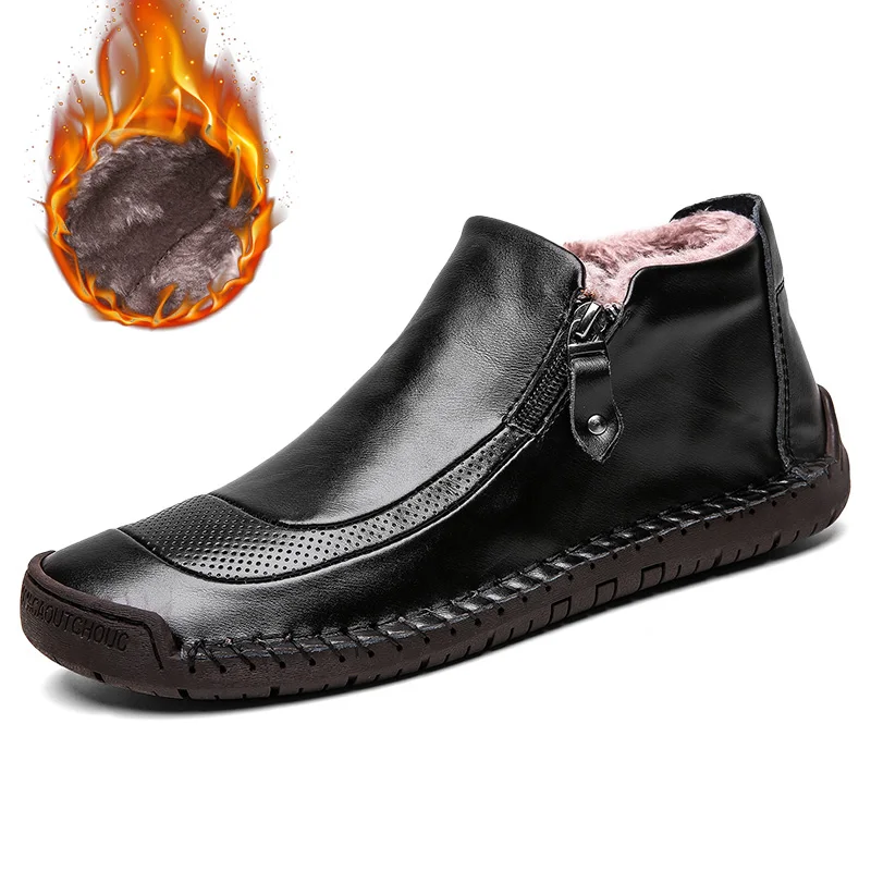 2019  Men Flat Loafers High Top Plush Winter Snow Boot For Men Moccasins Classic Split Leather Walking Shoes Wedding Driver Shoe