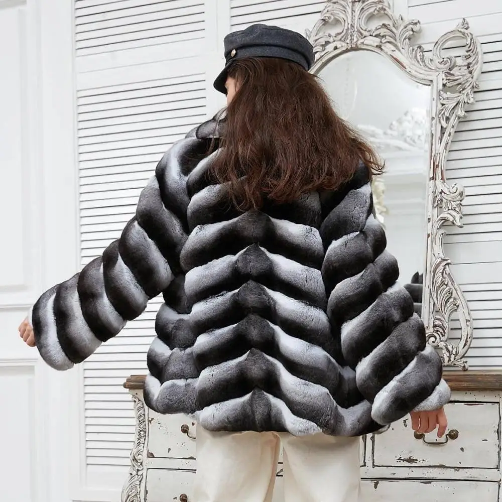 Woman Fashion Medium Length Real Rex Rabbit Fur Jacket with Lapel Collar Natural Women Genuine Rex Rabbit Fur Coats High Quality