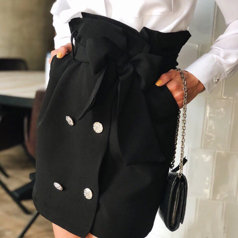 Women High Waist Bow Sashes Mini Short Skirts Office Ladies Elegant Solid Skirts New Fashion Autumn Button Women Skirts