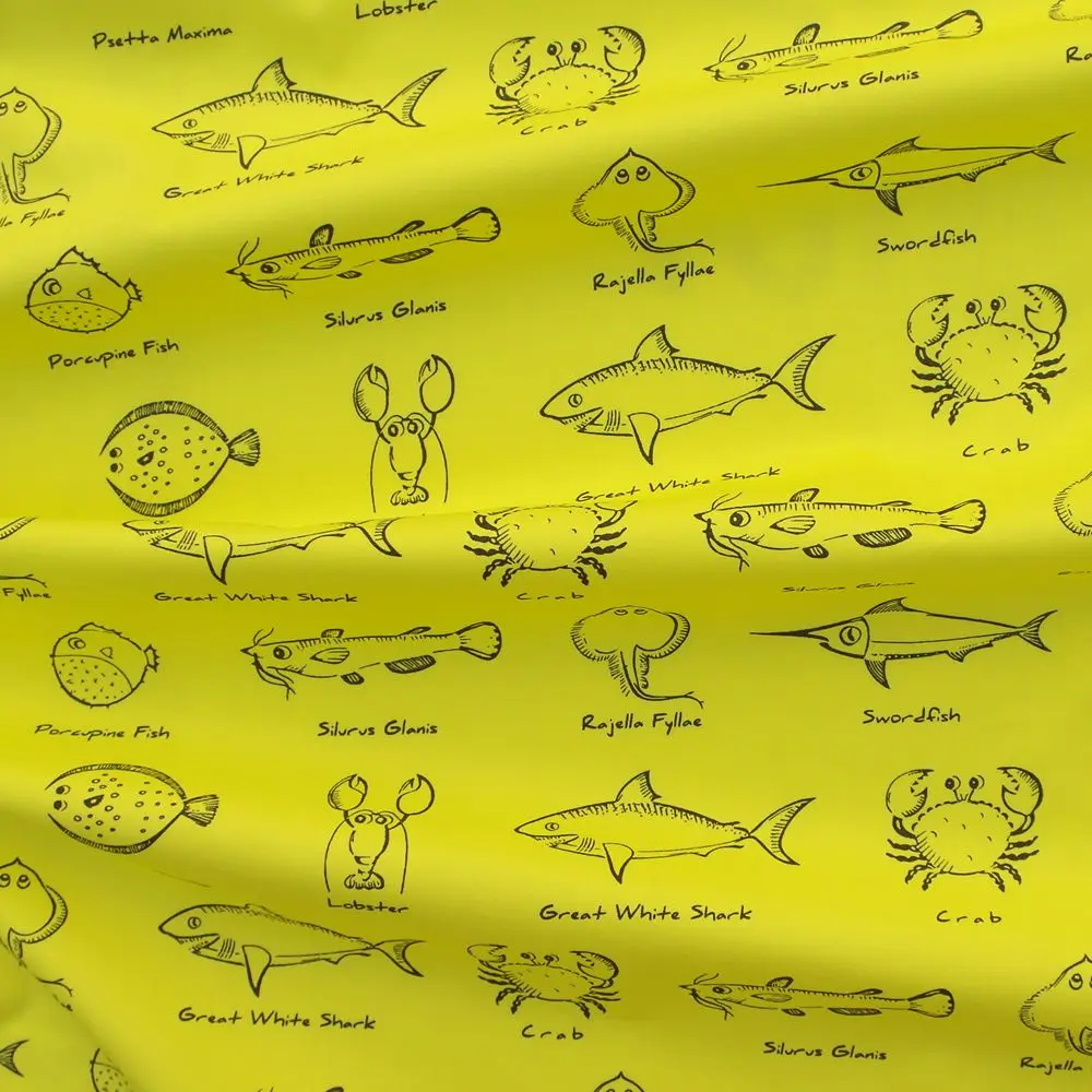 1 yard Printed Cotton Woven Fabric - Fish on Yellow Background (width=140cm) | Дом и сад