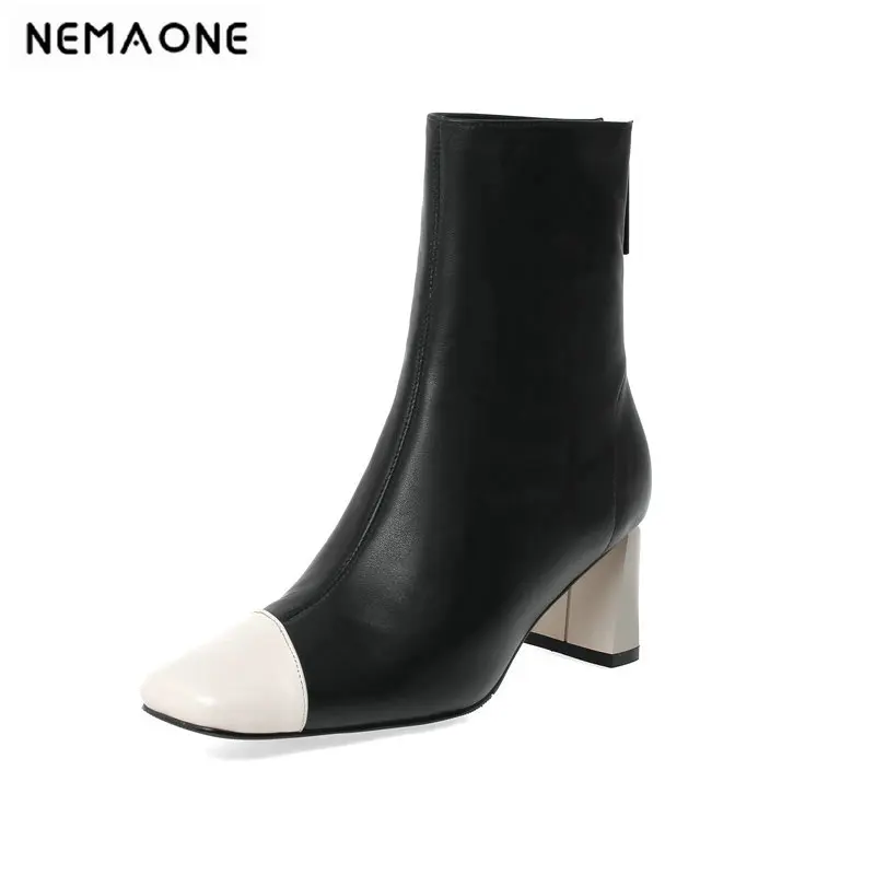 

NEMAONE cow leather high heels Ankle Boots Autumn Winter Party Wedding dress pumps Ladies square Toe Basic Boots size 42 43