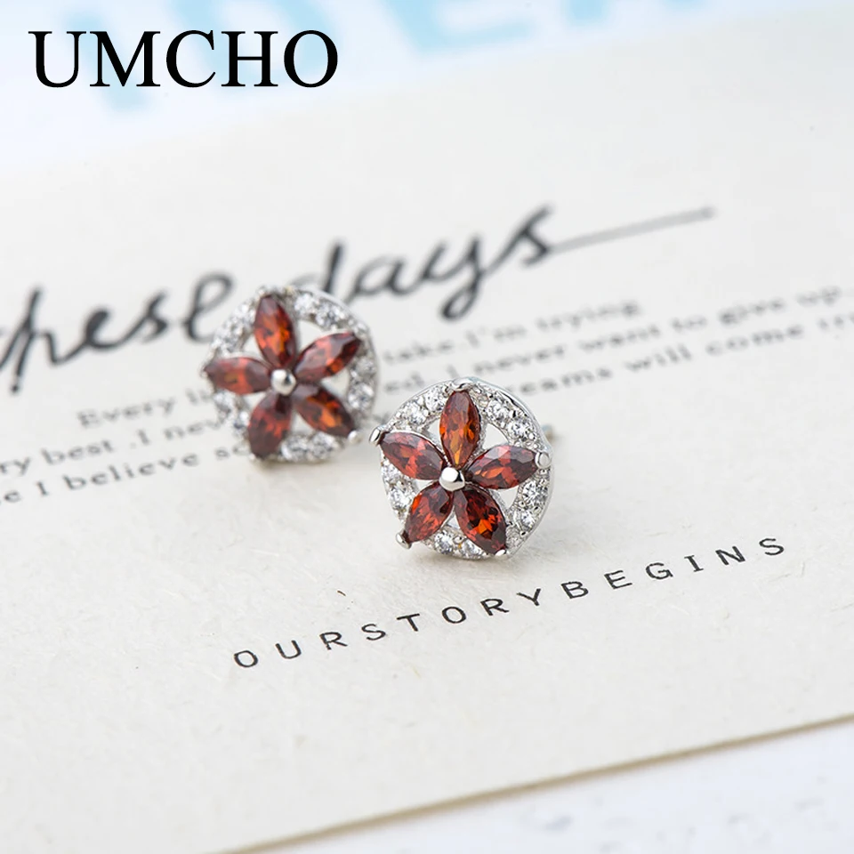 UMCHO красный цветок твердые 925 пробы серебряные серьги с цирконием кубической огранки для женщин юбилей подарки на день рождения ювелирные украшения