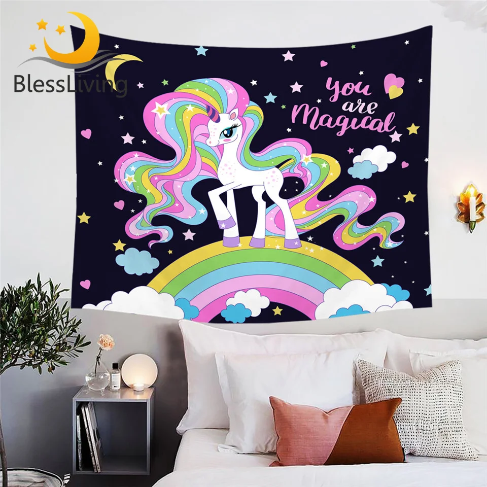 

BlessLiving Magical Unicorn Tapestry Rainbow Hair Wall Carpet Colorful Cartoon for Kids Moon Star tapiz Wall Hanging Drop Ship