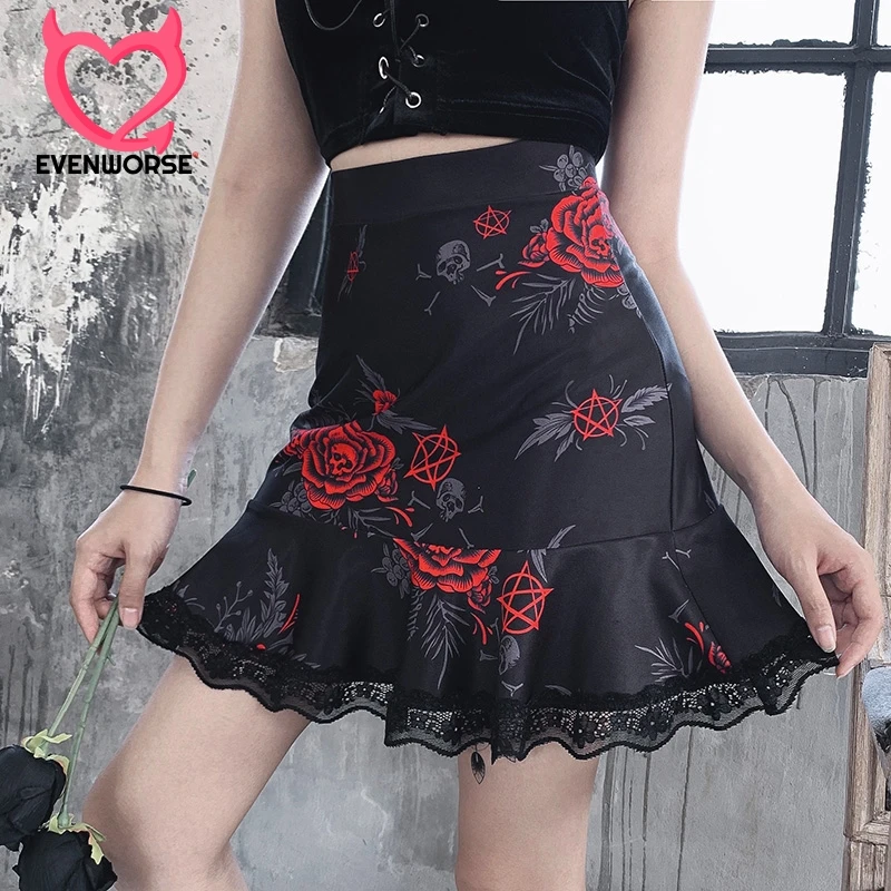 

Evenworse High Waist Lace Skirt Women Gothic Punk Black Lace Up Fashion Rose Pattern Casual Streetwear A-Line Party Skirt 2020