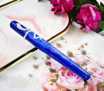 

NEW ARRIVAL Fuliwen 017 Fountain Pen Blue Resin Acrylic Blue Danube Big Size Pen with Unique Snake Ring M Nib Luxury Gift Pen