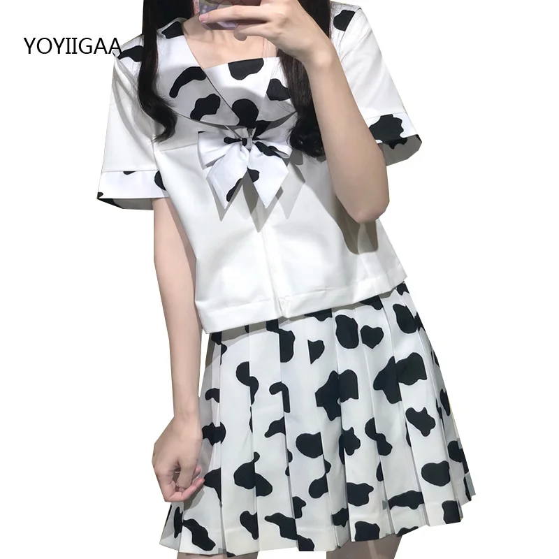 Cow Print Women 2 Piece Set Kawaii Woman Skirts Suits Harajuku Chic Female Pleated Skirt and Tops Sets Preppy Style Lady Outfits |
