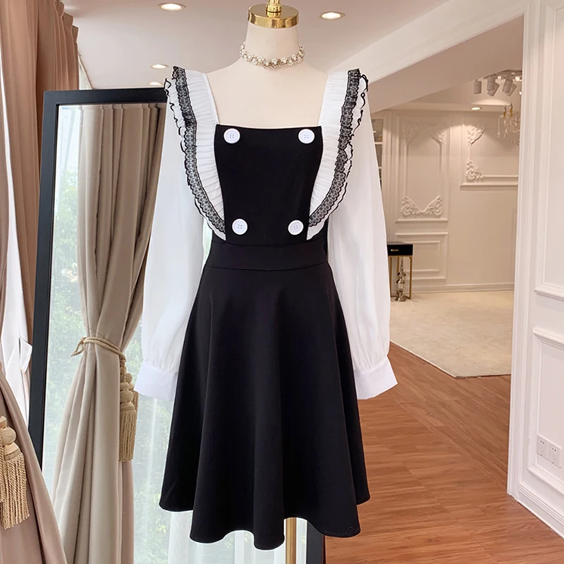 

HIGH STREET New Fashion 2019 Designer Runway Dress Women's Long Sleeve Square Collar Ruffle Color Block Dress