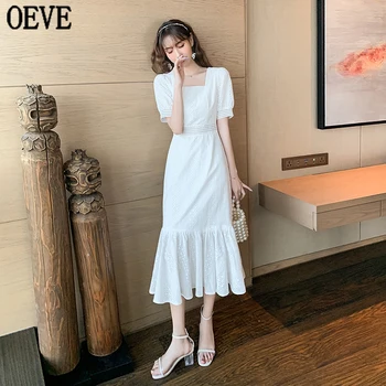 

OEVE 2020 Summer Women Maxi Tunic Dress Short Sleeve White Lace Long Beach Dress Vocation Holiday Clothes