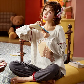 

Autumn Winter Sweet Women's Sleeping Suit Long Sleeve Cute Cartoon Print Warm Loose Top Pants Two Piece Pajamas Homewear Women