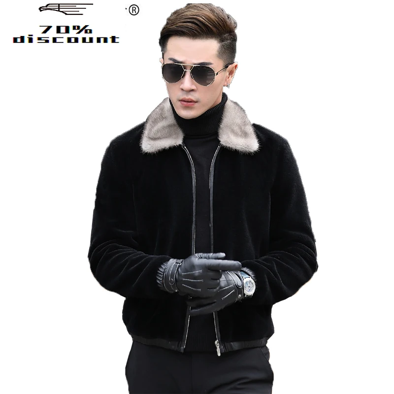 

Sheep Shearing Winter Real Fur Coat Men Grey Mink Fur Collar Short Men's Leather Jacket Wool Coat Plus Size L20022 KJ829