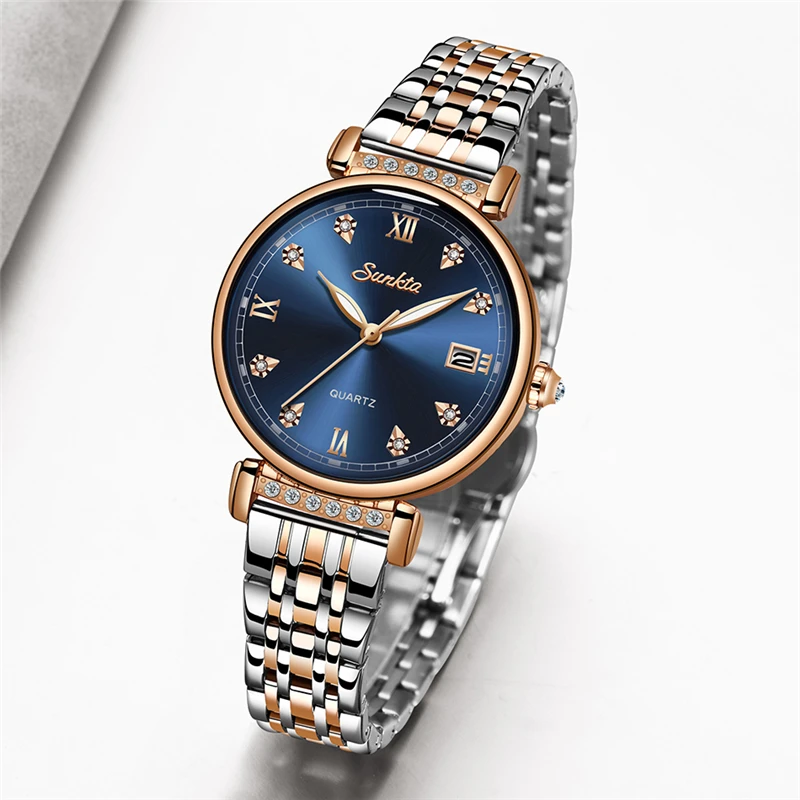 

SUNKTA NEW Simple Blue Women Watch Stainless Steel Lady Wristwatch Fashion Waterproof Ladies Watches Girl Clock Relogio Feminino