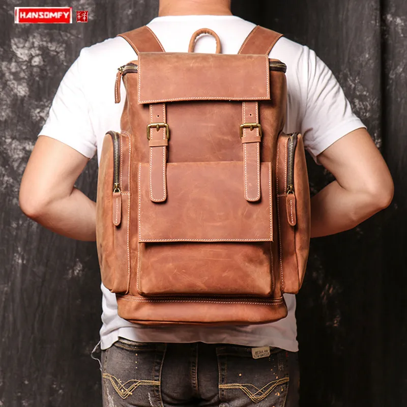 

Vintage Genuine Leather Men's Backpack Laptop Shoulder Bag Travel Backpacks Sports Retro Schoolbags Crazy Horse Leather male