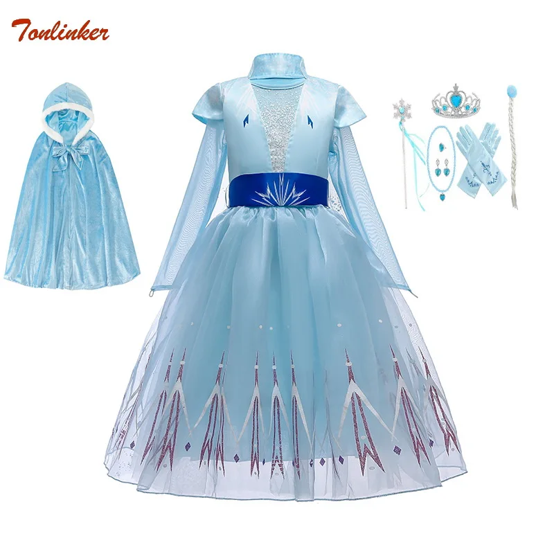 Elsa Dress2 Girls Princess Dresss With Cape Grown Wands For Girl Costume Carnival Fancy Party Dress Kids Dresses Child Clothingi