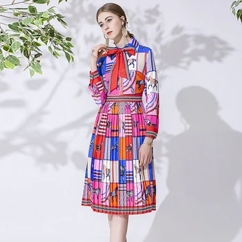 

VERDEJULIAY Runway Printed Dress Women 2020 Spring Autumn New Fashion Designer Flower Bow Letter Print Long Pleated Dress