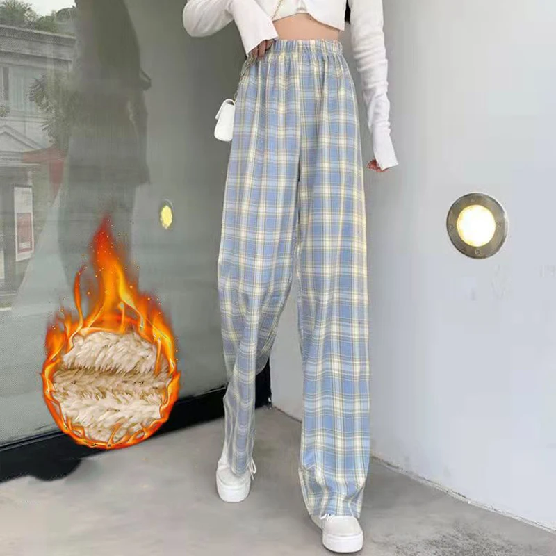 Zoki Fashion Warm Plush Pants Thick Plaid Women Casual Loose Wide Leg Trousers Korean Streetwear Straight Student Pants New 2022 low rise jeans Pants & Capris