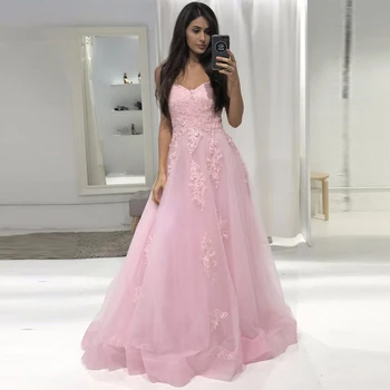 

Prom Long Elegant Dresses Sweetheart Sleeveless A-line Tulle Teal Prom Dresses 2020 Pink Applique Sexy Vestido Formatura
