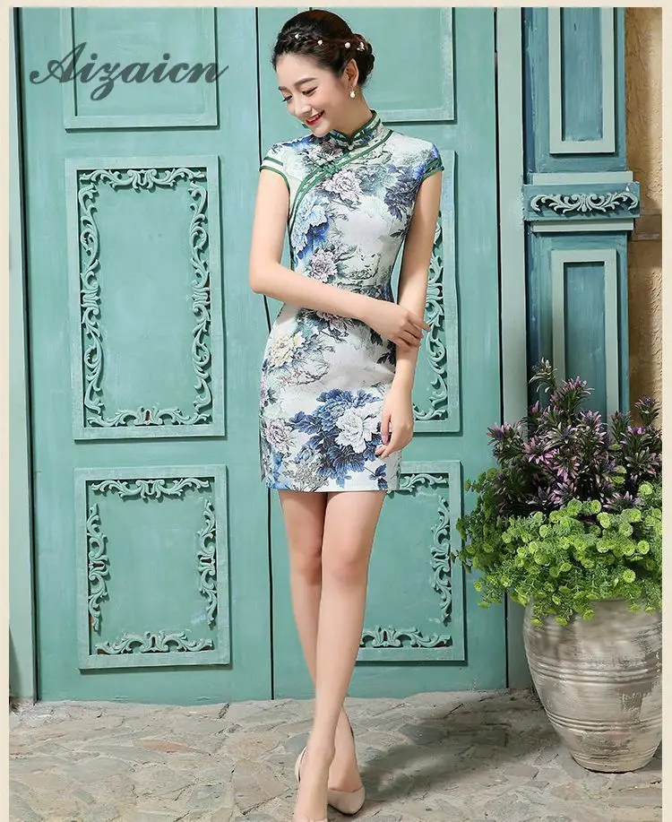 Синий Шелковый Cheongsam Восточный вечернее платье Qipao Для женщин китайское традиционное платье халат Orientale с цветочным принтом Vestido